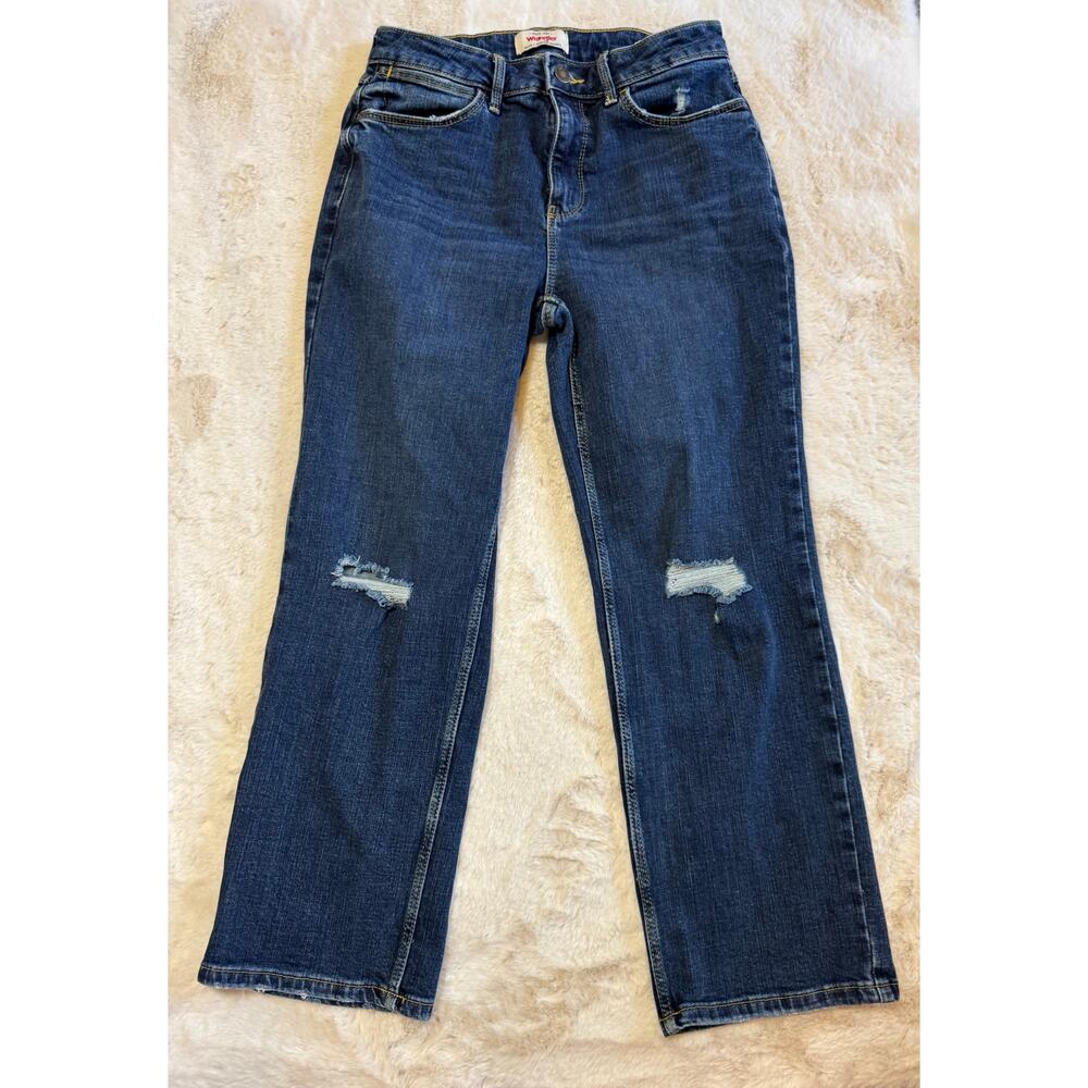 Wrangler Women’s High Rise True Straight Crop Distressed Dark Wash Jeans Size 4